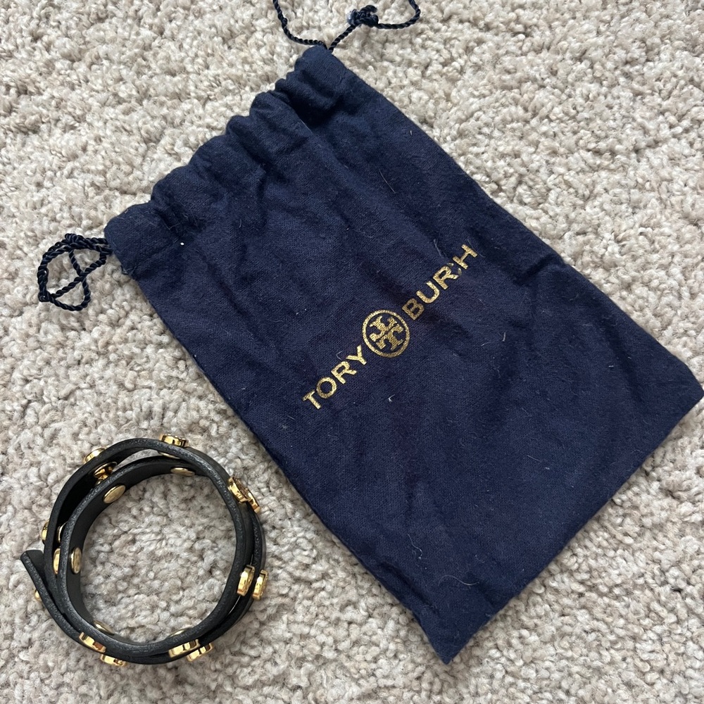 NEW Tory Burch Double Wrap Logo Stud Bracelet with Gold Accents - black